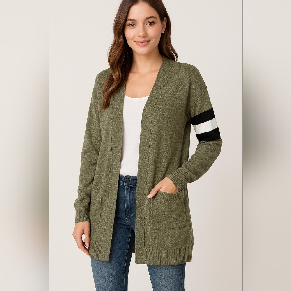DAYTRIP Coatigan Office XS Work Green White Black Knit Duster Cardigan (#895)